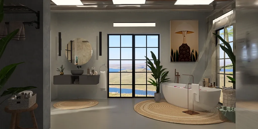 a bathroom with a sink, tub, and window 