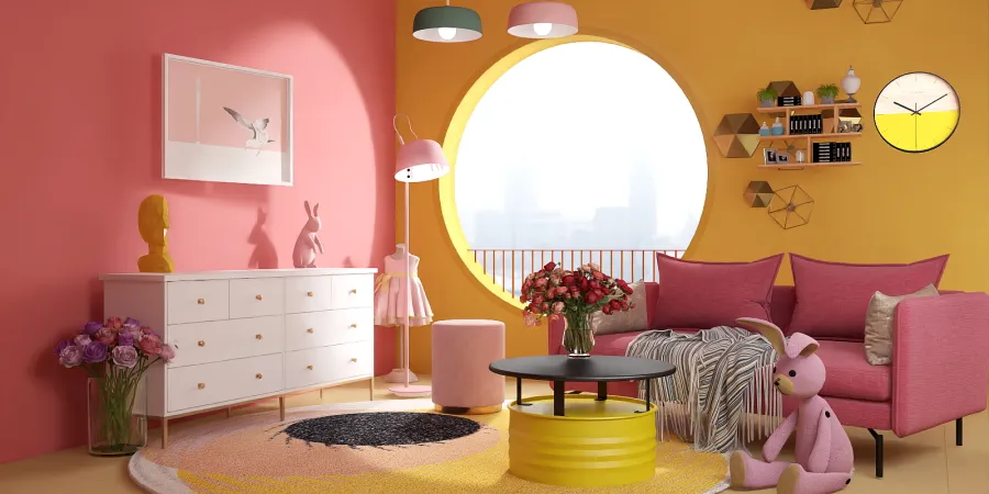 a living room with a pink couch and a pink chair 
