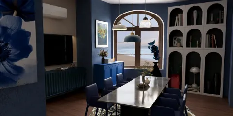 modern dining room design featuring a long wooden table with blue accent chairs, showcasing seaside views through large windows, utilizing Homestyler's real-time 3D rendering feature for an immersive preview.