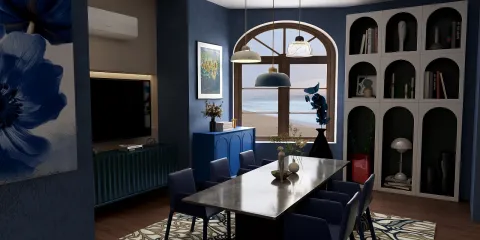 dining room featuring a modern table setup with decorative elements in a coastal style, showcasing Homestyler's real-time 3D rendering for interior design visualization.