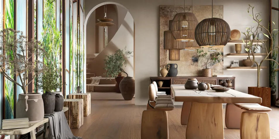 A modern dining area featuring a wooden table, stylish pendant lights, and decorative plants in a natural style, showcasing rustic interior decor with use of Homestyler's real-time 3D rendering for instant design visualization.