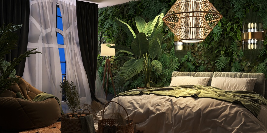 a bed with a bird on it and a plant in the middle 