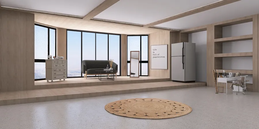 a living room with a refrigerator, a table and a television 