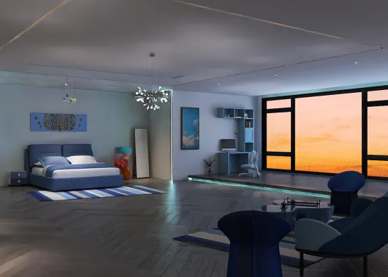 Blue themed bedroom with office space  Design Rendering