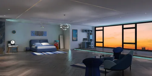 Blue themed bedroom with office space 