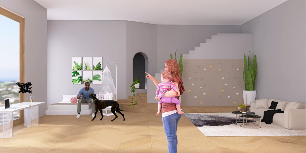 a woman standing in a living room with a dog 
