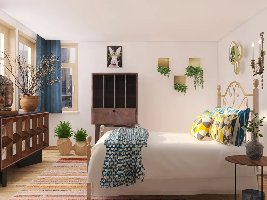 a bedroom with a bed, a dresser, and a painting 