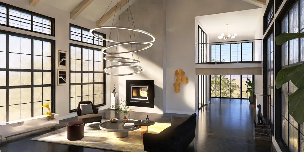 a large open living room with a fireplace 