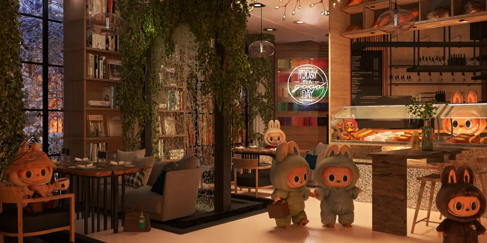 cozy café interior featuring cute animated characters enjoying their time, emphasizing a whimsical design style with nature-inspired decor and an inviting ambiance; showcasing the Homestyler core function of real-time 3D rendering for detailed design previews.