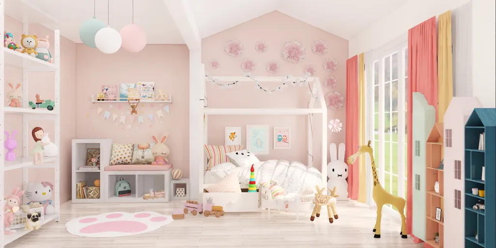 a room with a bed, a dresser, and a doll house 