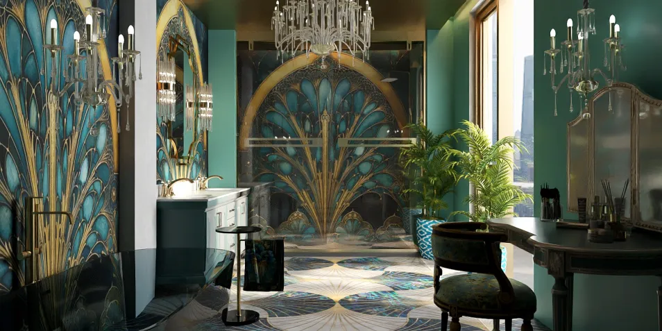 luxurious bathroom design featuring elegant fixtures and patterned wall art using real-time 3D rendering for an immersive visual experience with Homestyler.