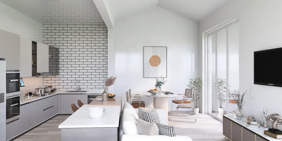 modern kitchen and living area featuring open layout design, utilizing smart furniture arrangement for space optimization, showcasing homestyler's real-time 3D rendering capabilities