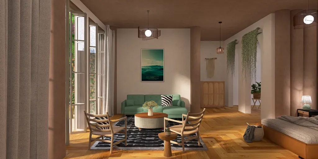 a living room with a couch, table, and chairs 