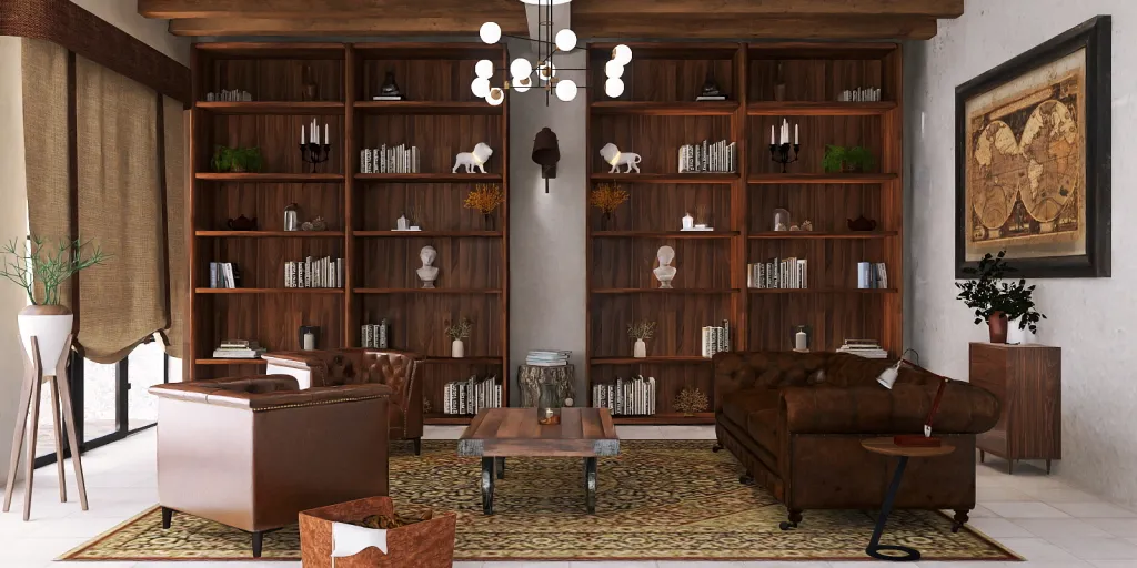 a living room with a bookcase and a fireplace 