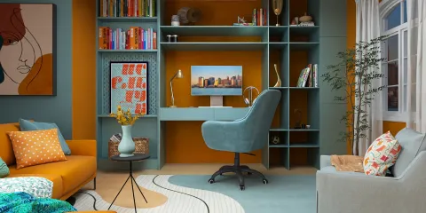 modern home office design featuring vibrant orange and teal colors, showcasing a cozy workspace with a computer and bookshelves, optimized for small space utilization using Homestyler's intelligent furniture arrangement feature.