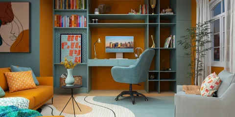 Cozy home office setup with a stylish desk and shelving, featuring modern design and vibrant color palette, enhancing productivity in a home workspace, utilizing Homestyler's real-time 3D rendering feature for instant design visualization.