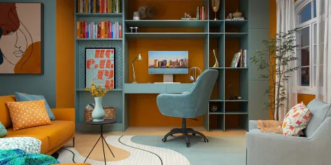 home office setup with a stylish bookshelf and desk featuring a modern chair, designed in a contemporary style with a warm color scheme, showcasing a cozy interior ambiance optimized for productivity using Homestyler's smart furniture arrangement feature.