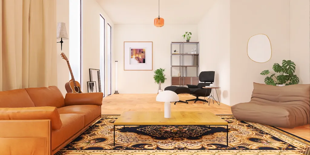 a living room with a couch, table, and a rug 