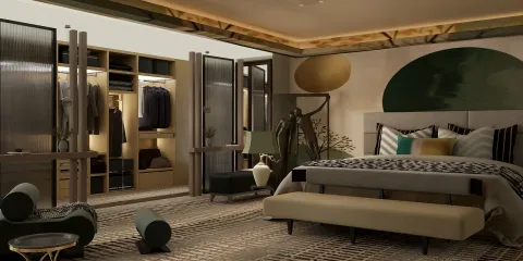 luxurious bedroom interior design featuring a stylish bed and an organized wardrobe setup with modern furniture style and a serene ambiance, utilizing Homestyler's real-time 3D rendering feature for design proposal display.