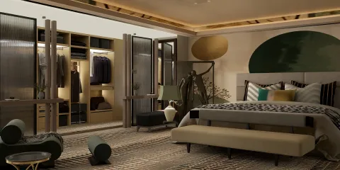 modern bedroom with stylish furniture arrangement showcasing a minimalist design aesthetic, perfect for interior decor enthusiasts; featuring Homestyler's real-time 3D rendering capability for quick design previews.