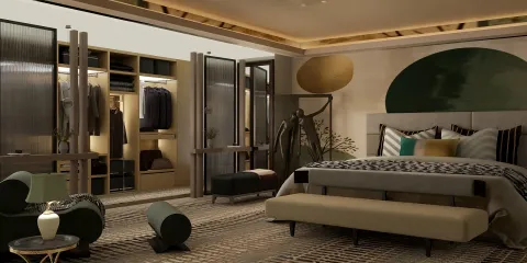 modern bedroom interior design featuring a spacious layout with elegant furniture arrangement, contemporary style, showcasing the Homestyler real-time 3D rendering feature for effective design proposal visualization.