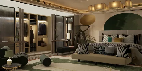 Modern bedroom design featuring a stylish layout with a large bed and organized closet space, showcasing a contemporary aesthetic and spatial efficiency, utilizing Homestyler's real-time 3D rendering feature.