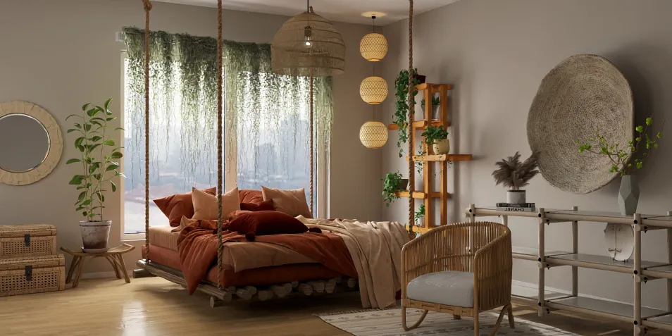 A cozy bedroom featuring a suspended bed with warm-toned bedding, designed in a bohemian style, showcasing the functionality of Homestyler's 3D rendering for interior design visualization.