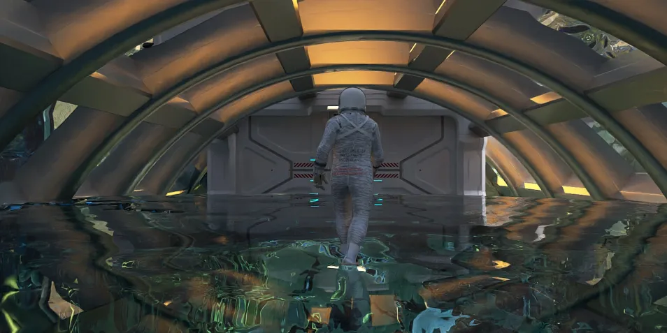 an astronaut exploring a flooded futuristic interior design space with advanced lighting features optimized for visual impact using Homestyler's real-time 3D rendering.