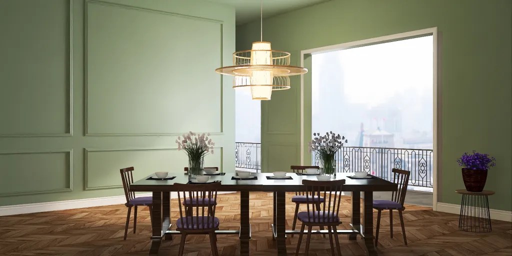a dining room table with a lamp and chairs 