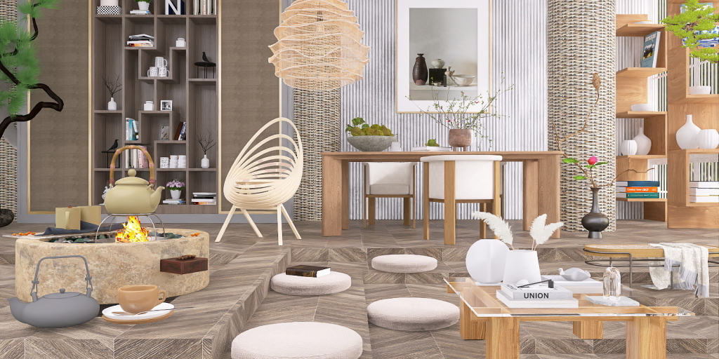 a living room with a table, chairs, and a vase 