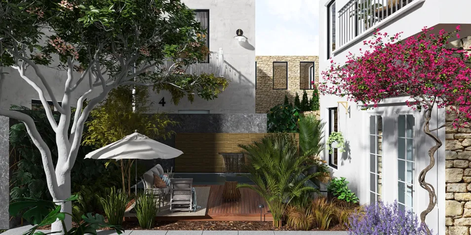 Lush garden design featuring tropical plants and a wooden deck with lounge chairs, showcasing a relaxing outdoor space in a modern style, utilizing Homestyler's real-time 3D rendering for visualizing outdoor interior decor.