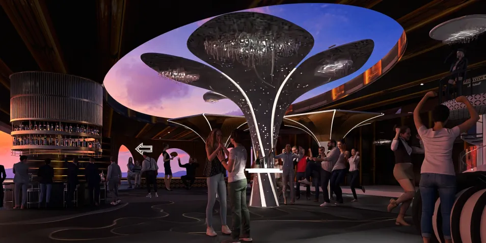 modern bar interior with unique ceiling design featuring organic shapes and ambient lighting, showcasing a vibrant nightlife atmosphere; includes Homestyler's real-time 3D rendering feature for an immersive design experience.