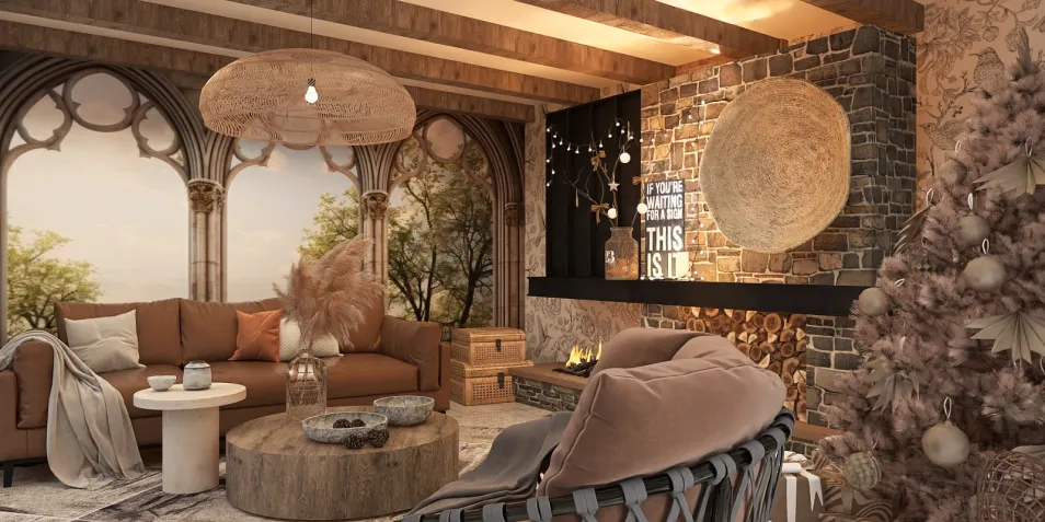 cozy living room featuring a natural stone fireplace with a rustic chandelier and wooden beams, enhancing warm ambiance, showcasing homestyler's real-time 3D rendering for immersive interior design experiences.