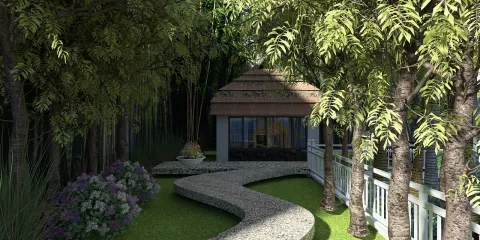 landscape garden pathway design featuring a serene cottage surrounded by lush trees and vibrant flowers, enhancing outdoor aesthetics with Homestyler's 3D rendering capabilities.