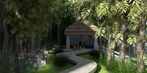 A serene outdoor garden scene featuring a pathway leading to a charming rustic cottage, designed with natural elements and a harmonious landscape, showcasing a peaceful retreat with lush greenery and vibrant flowers; created using Homestyler's immersive 3D rendering tool for a realistic design visualization.