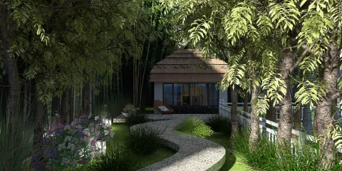 garden pathway leading to a modern house surrounded by lush greenery and trees, showcasing natural landscaping design, featuring Homestyler's real-time 3D rendering capability.