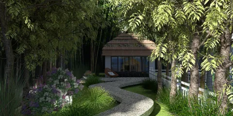 garden pathway leading to a rustic cottage surrounded by lush greenery and flowers, showcasing a serene outdoor environment with a focus on landscaping design, featuring the Homestyler's 3D visualization capabilities.