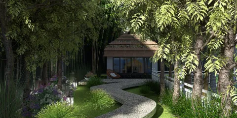 3D garden landscape design featuring a winding pathway surrounded by lush greenery and colorful flowers, emphasizing outdoor aesthetics and natural beauty using Homestyler's real-time 3D rendering feature.