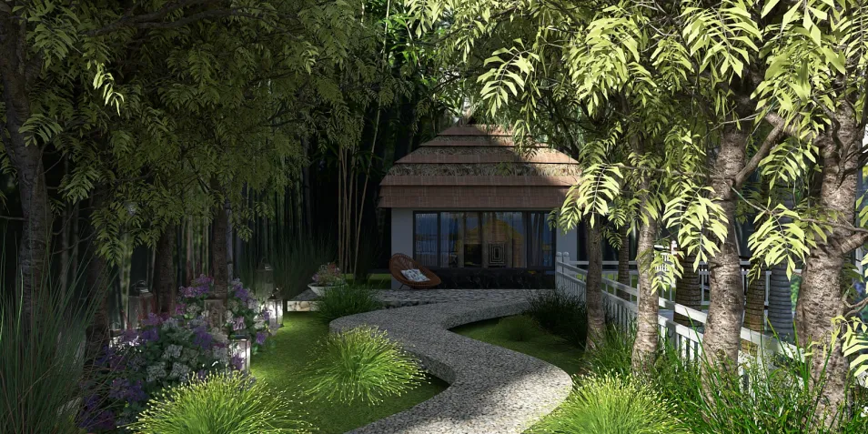 lush garden path leading to a cozy house surrounded by trees and plants in a serene landscape design showcasing Homestyler's real-time 3D rendering capabilities for interior decor.