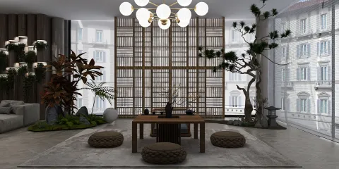 Japanese zen garden interior design featuring a wooden table and floor cushions, incorporating natural elements and modern lighting in a serene space, showcasing Homestyler's real-time 3D rendering feature.