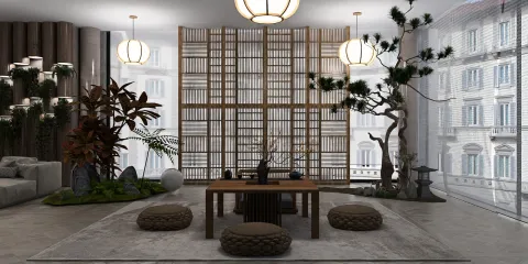 Japanese garden-inspired living room showcasing a wooden table and floor seating, featuring nature-inspired decor and soft lighting, utilizing Homestyler's real-time 3D rendering for immersive interior design.