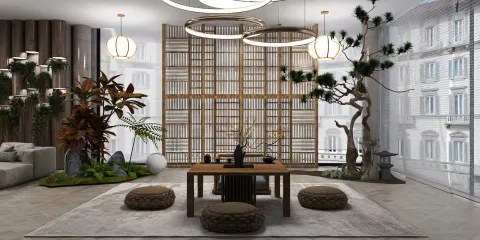 Asian-inspired living room featuring a wooden table with cushions and decorative plants, showcasing an interior design concept for creating a serene and balanced atmosphere, utilizing Homestyler's real-time 3D rendering capabilities.