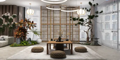 A serene living room featuring a wooden table with decorative elements in a Japanese Zen style surrounded by lush greenery and unique ornaments, showcasing interior design optimization using Homestyler's real-time 3D rendering feature.