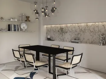 Dining table with six chairs arranged in a modern style interior showcasing elegant decor elements and a marble accent wall, illustrating interior design optimization using Homestyler's real-time 3D rendering feature.