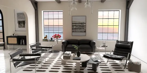 modern living room with stylish furniture arrangement, featuring a black leather sofa and contemporary chairs, emphasizing minimalist design and aesthetic appeal, showcasing Homestyler's real-time 3D rendering functionality.