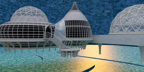 futuristic dome structures showcasing innovative design in an underwater setting, emphasizing a modern aesthetic, featuring Homestyler's real-time 3D rendering capabilities.