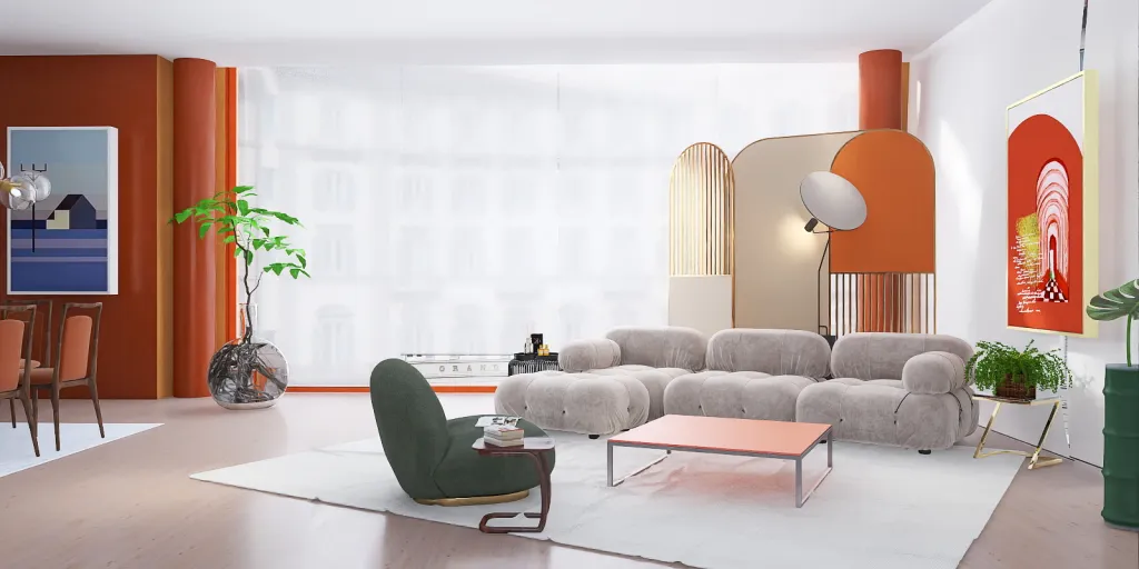 a living room with a couch, table, chairs and a coffee table 