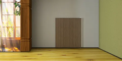 empty room featuring a wooden panel installation with sunlight streaming through a window, showcasing a warm and inviting atmosphere; highlighting Homestyler's real-time 3D rendering feature for interior design visualization.