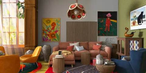 a cozy living room showcasing a colorful sofa arrangement with a unique chandelier design; retro aesthetic with vibrant artworks; highlights the beauty of interior decor through Homestyler's real-time 3D rendering feature