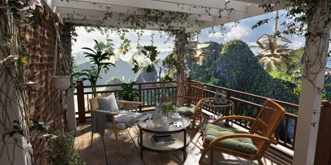 Cozy balcony with rattan furniture surrounded by lush greenery, featuring a scenic mountain view, showcasing an outdoor living space design using Homestyler's real-time 3D rendering.